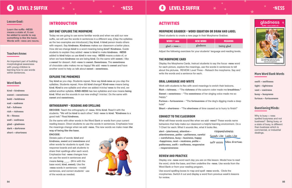 Level Two Lesson Example – Second or third grade lessons begin to incorporate more decoding and encoding. Word items are Anglo Saxon bases which are often included in core reading program lessons. Many oral language opportunities are included.